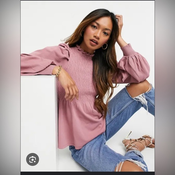 ASOS size 14 white cream puff bishop sleeve smocked chest peplum frill neck - Picture 4 of 11